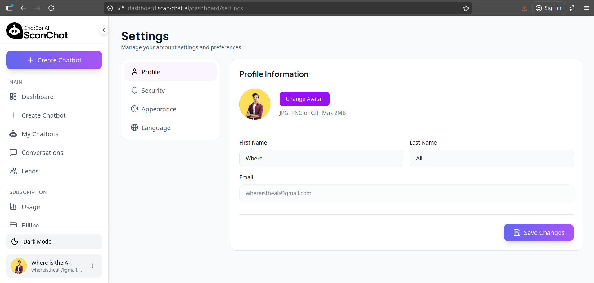 Admin dashboard for monitoring chat sessions and document scans